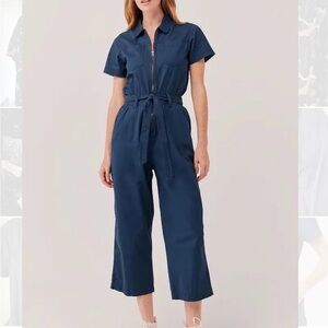 Pact Navy Short-Sleeve Utility Jumpsuit with Tie Waist
